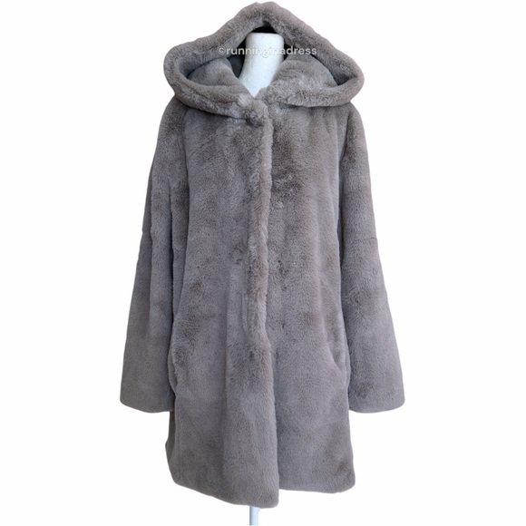 NWT Elie Tahari Grey Faux Fur Hooded Coat Cozy Chic Winter Jacket Size Medium - Picture 2 of 16